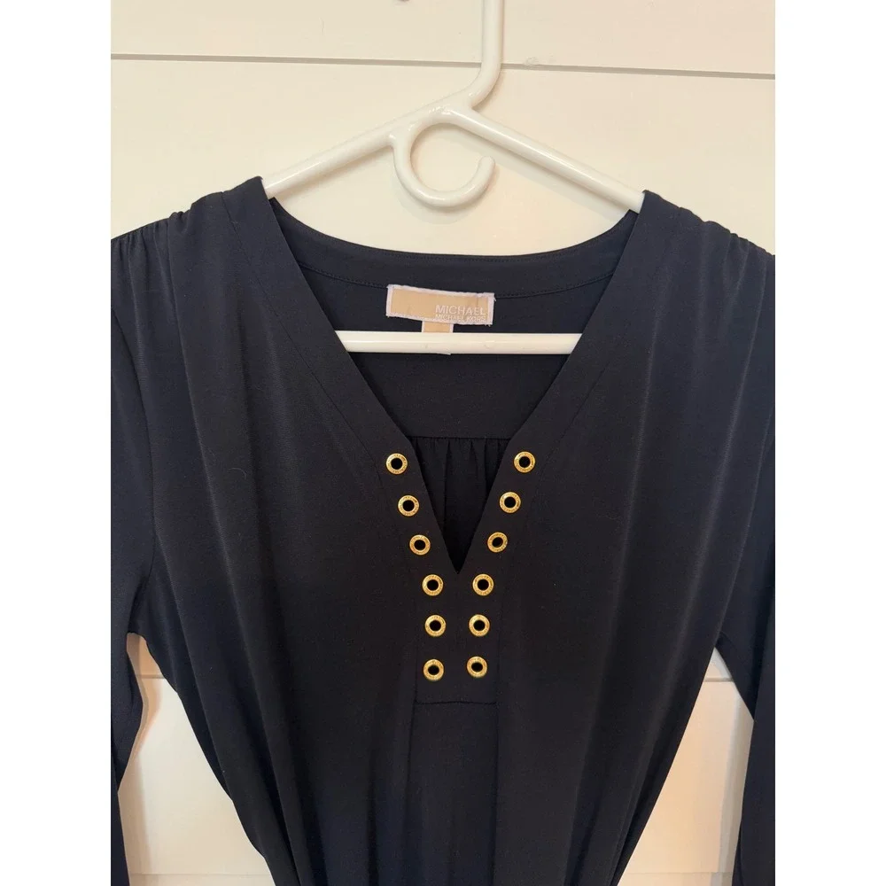 Michael Kors Black Grommet Dress Jersey Knit Tie Waist Professional Chic S